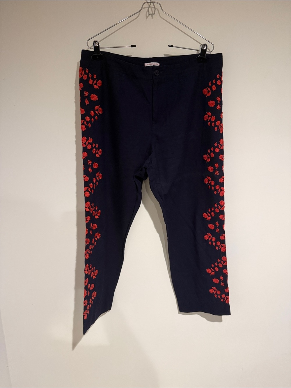 Frances Valentine Navy Cropped Pants with Red Floral Side Stripes